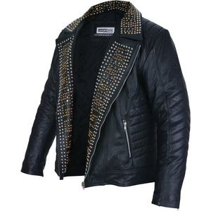 Mens Black Leather Jacket Studded Spiked Studs Punk Asymmetrical Zip Side Open