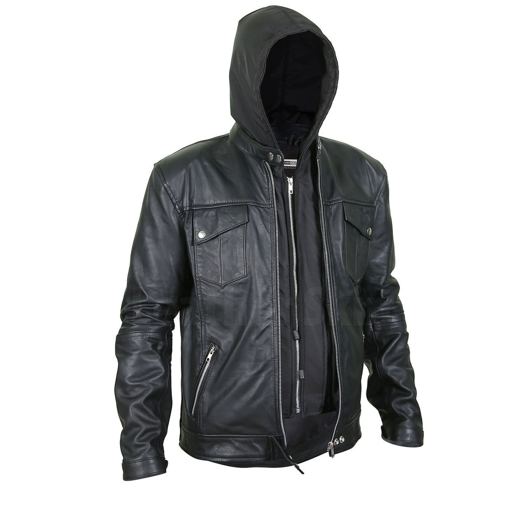 Men's Black Leather Jacket with Hoodie Leather Skin Shop