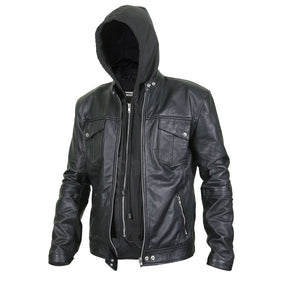 Men’s Black Leather Jacket with Hoodie