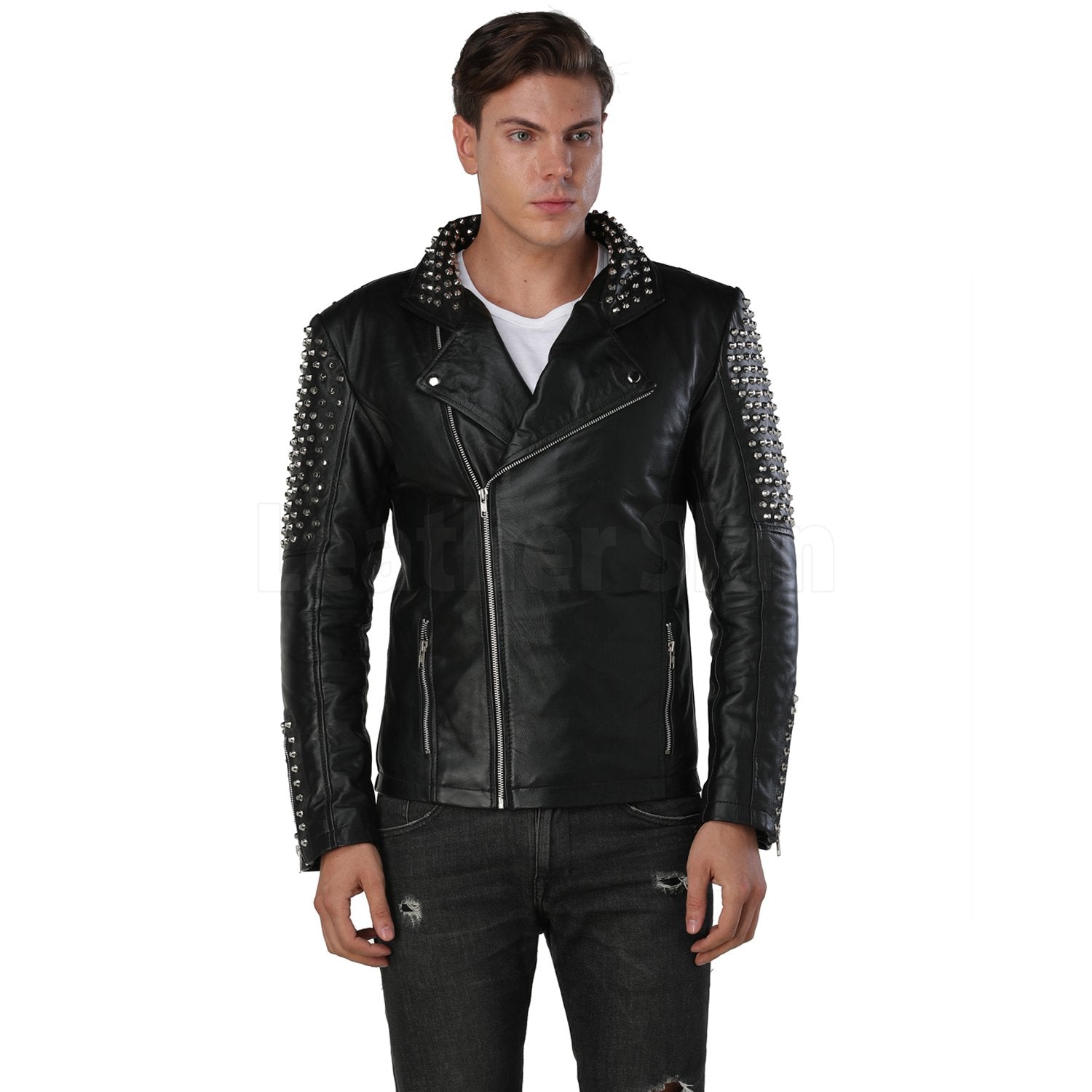 Men's Black Spike Leather Jacket - Leather Skin Shop