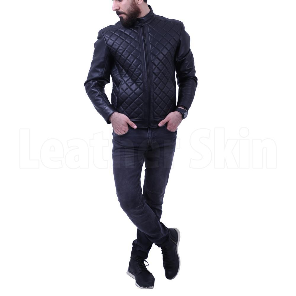 Men's Diamond Quilted Jacket in Real Leather Black Winter Outfit