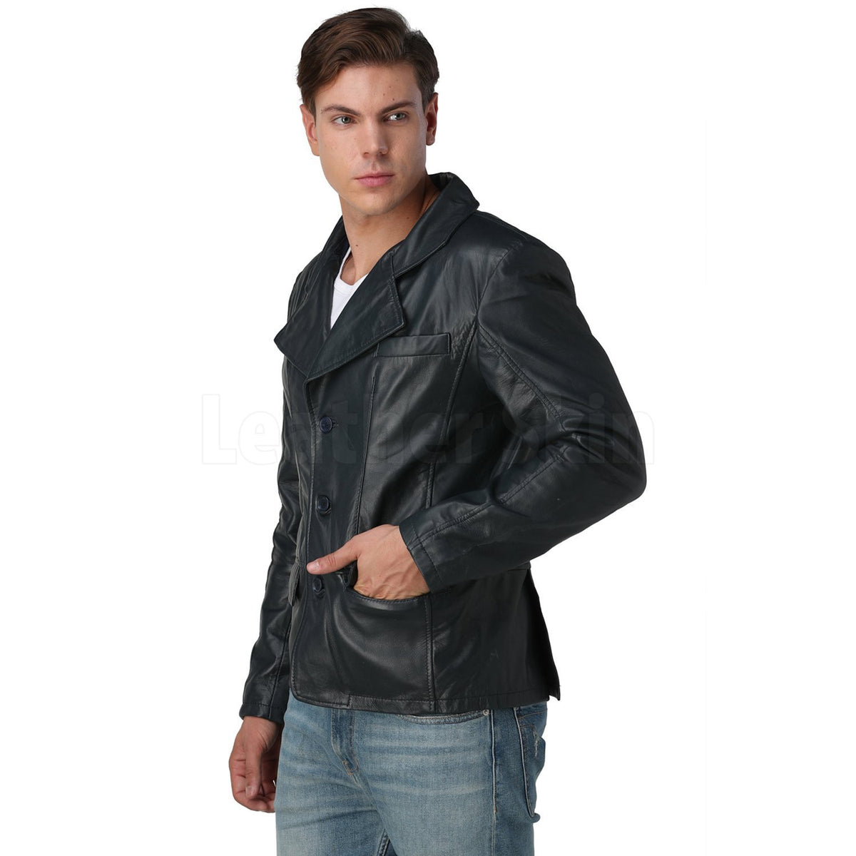 Men’s Navy Blue Leather Blazer