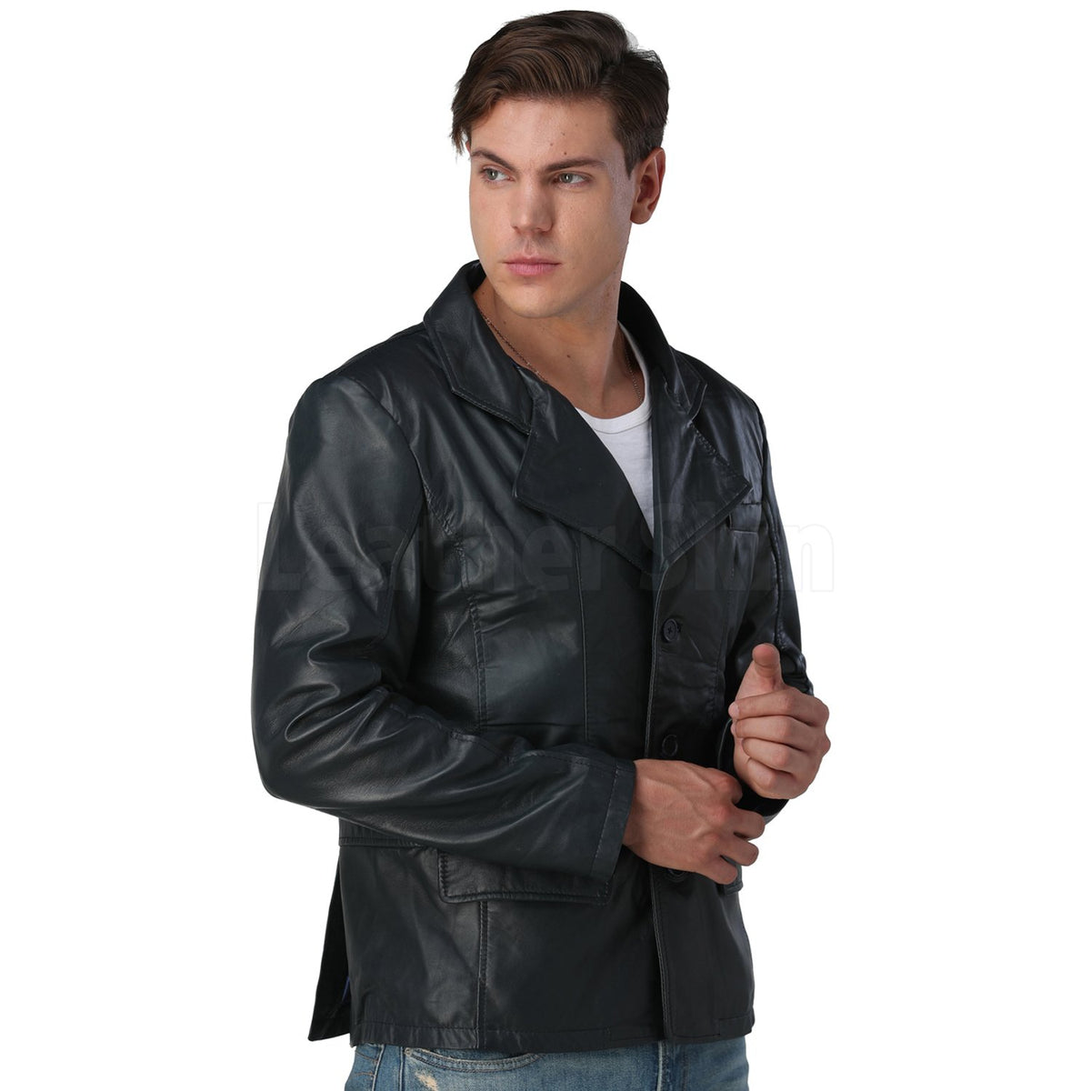 Men’s Navy Blue Leather Blazer