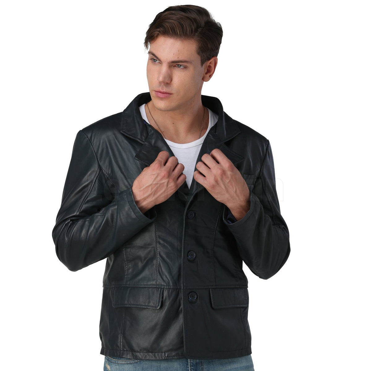 Men’s Navy Blue Leather Blazer