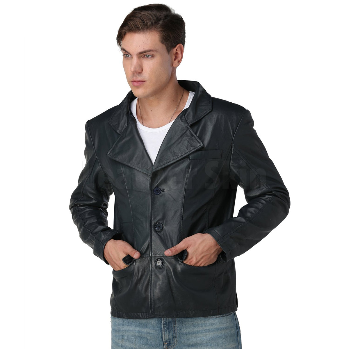 Men’s Navy Blue Leather Blazer