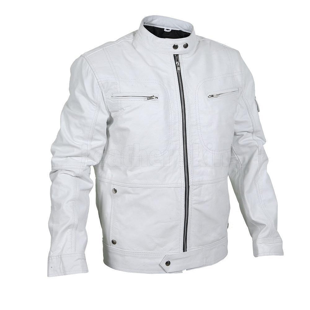 Flawless White Bomber Leather Racer Jacket Leather Skin Shop