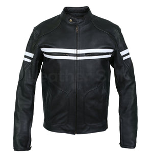 motorcycle leather jacket with white stripes