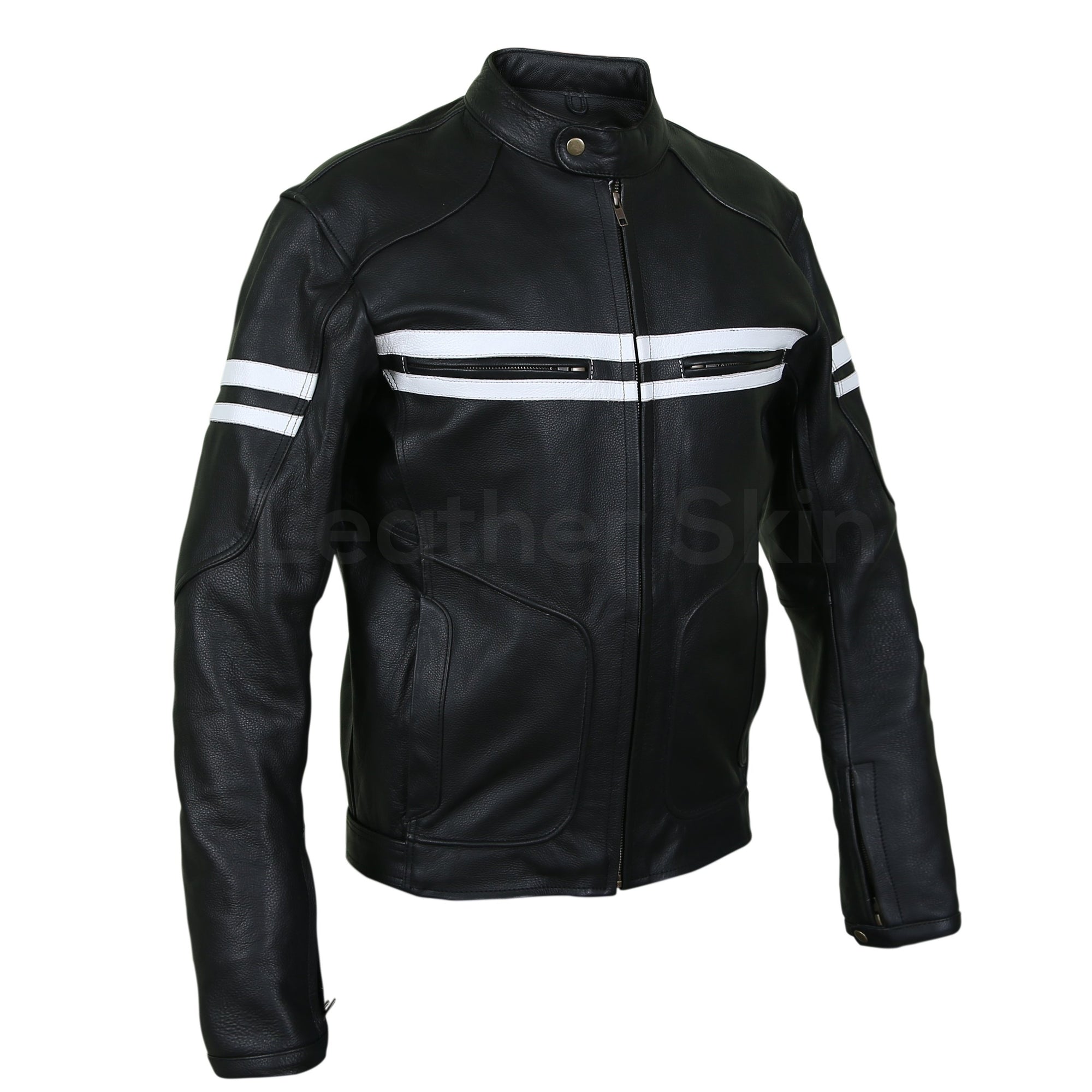 black biker jacket with white stripes