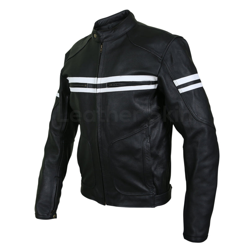 Men Black Vintage Biker Motorcycle Leather Jacket with White Stripes