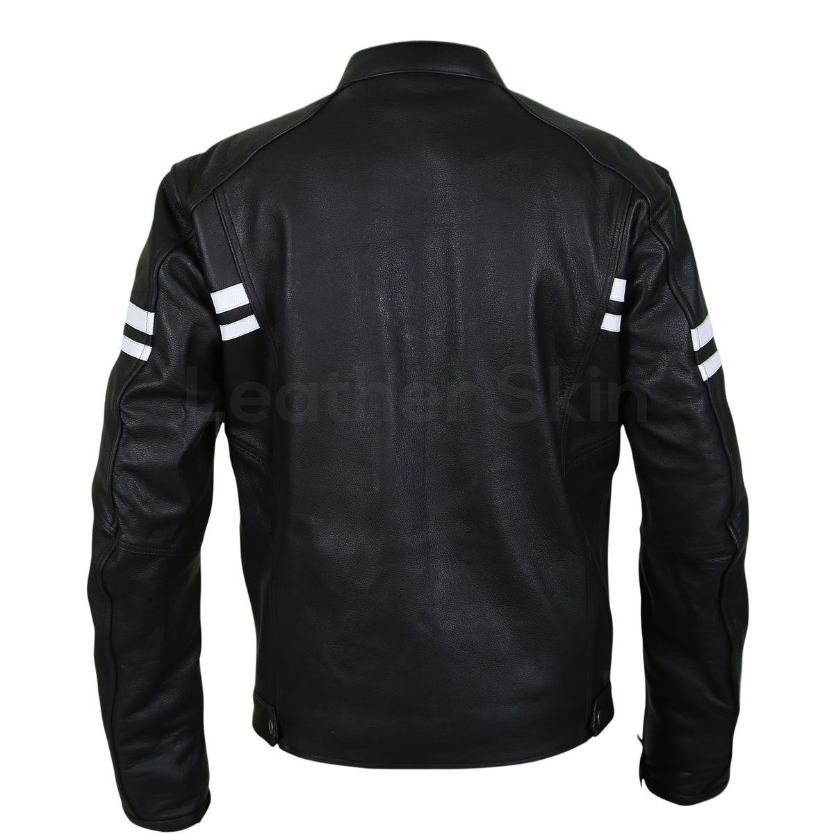 Men Black Vintage Biker Motorcycle Leather Jacket with White
