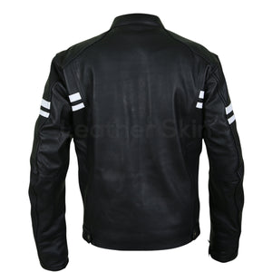 leather jacket with white stripes