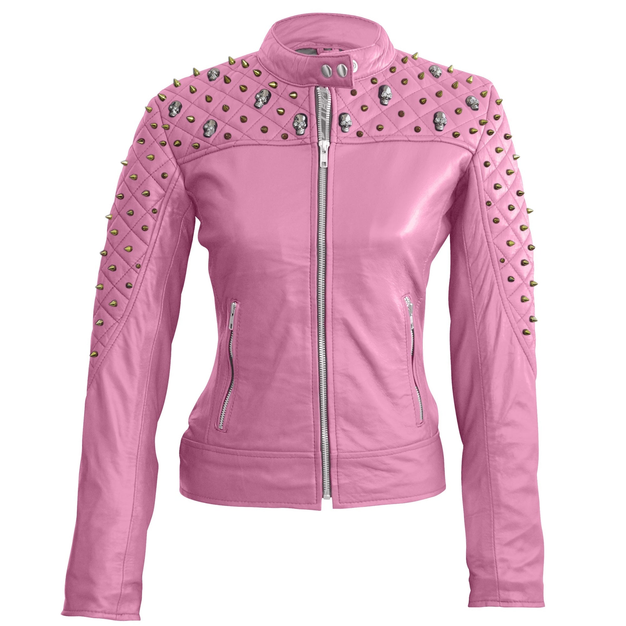 Leather Skin Women Pink Spike Skeleton Studs Genuine Leather Jacket