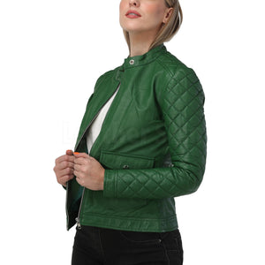 Quilted Sleeves Green Bomber Leather Jacket