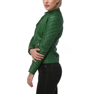 Quilted Sleeves Green Bomber Leather Jacket