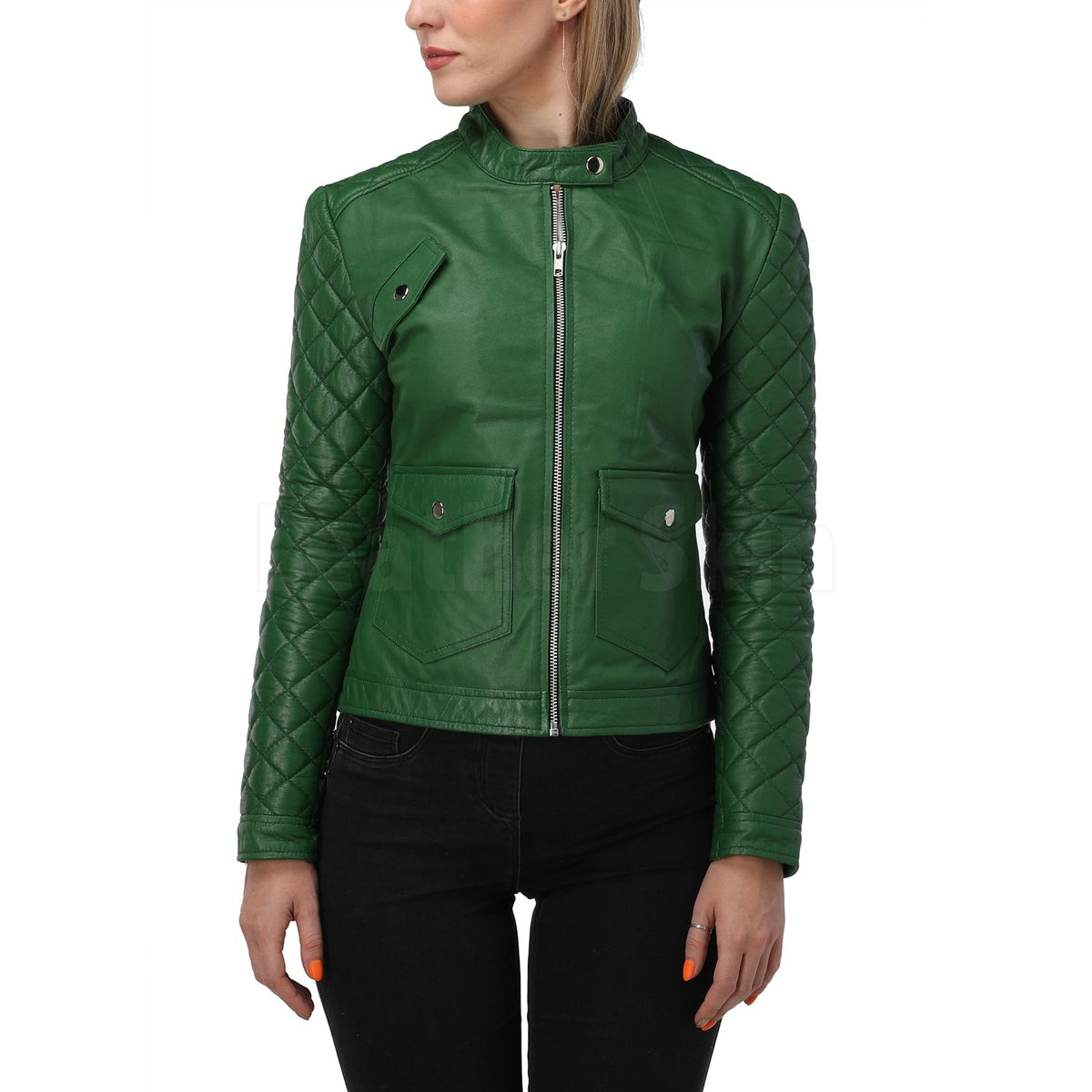 Quilted Sleeves Green Bomber Leather Jacket