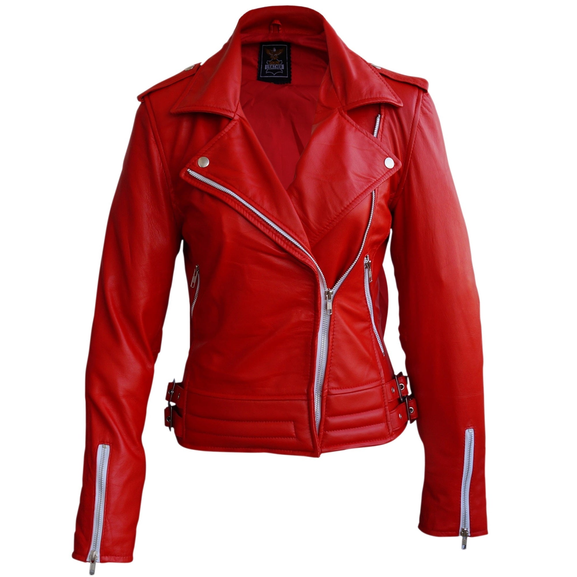 Leather Skin Women Red Brando White Zippers Genuine Leather Jacket
