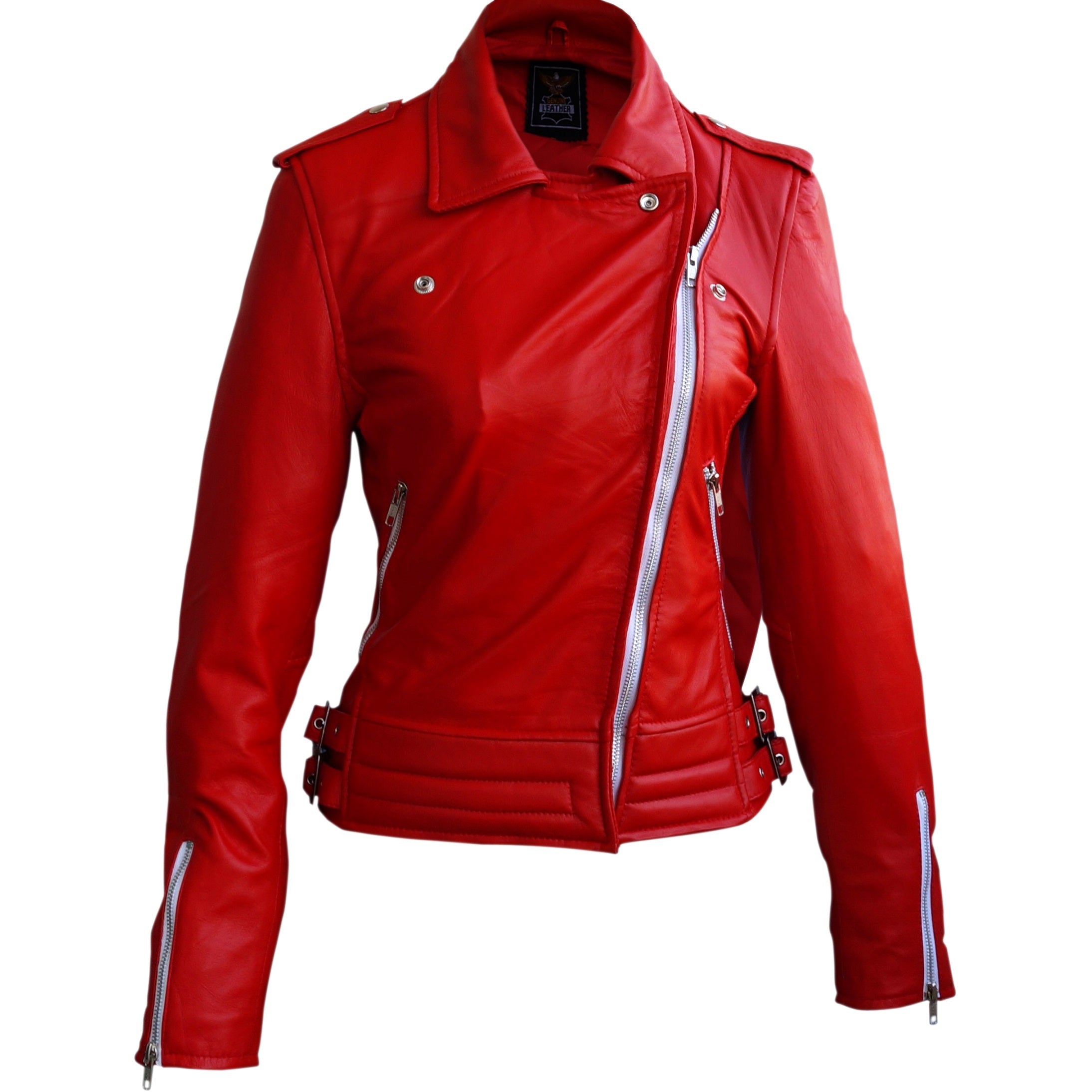 Home / Products / Leather Skin Women Red Brando White Zippers Genuine