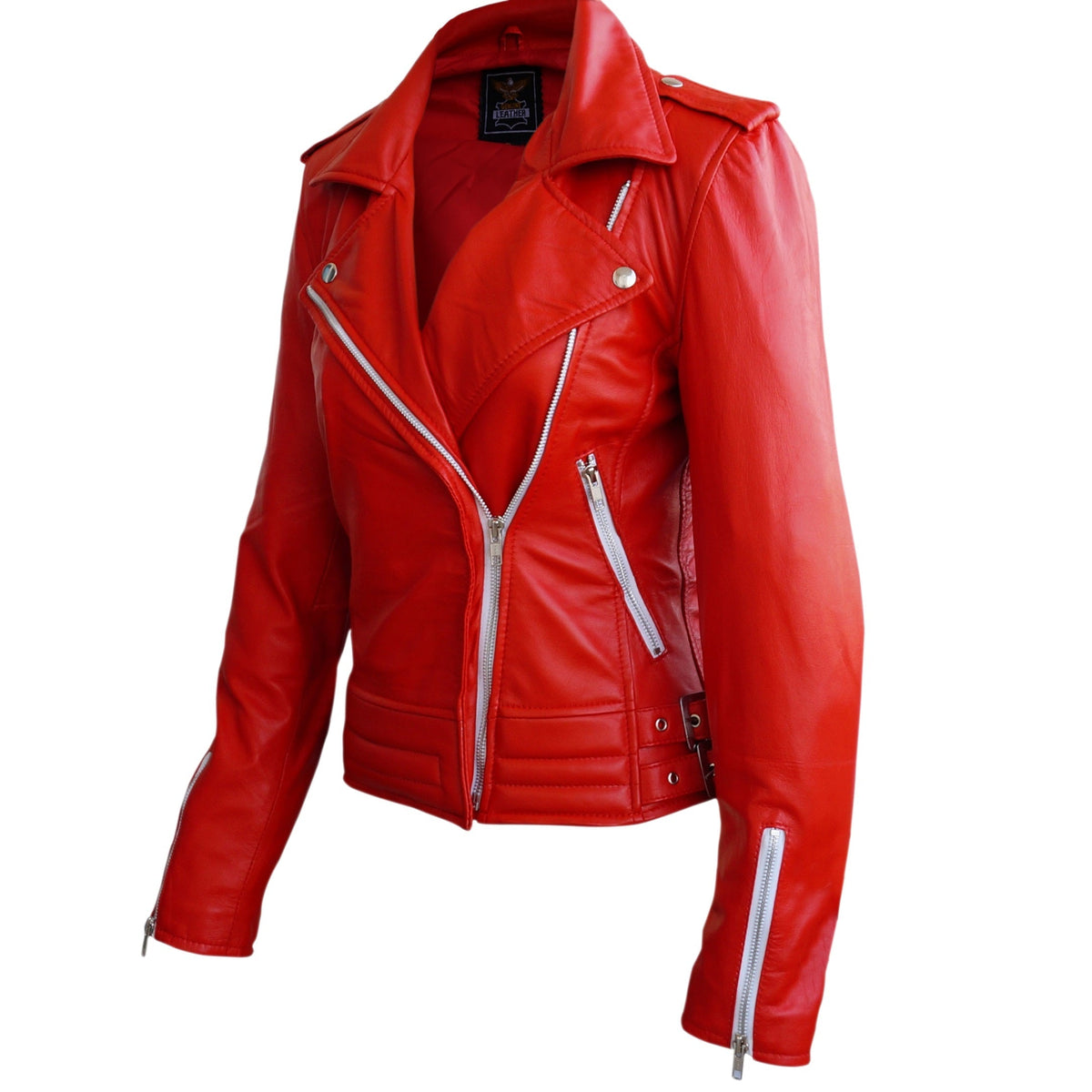 Leather Skin Women Red Brando White Zippers Genuine Leather Jacket