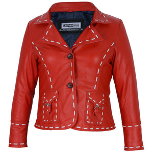 Red Leather Jacket Women - Genuine Real Leather Jacket Blazer with Buckle