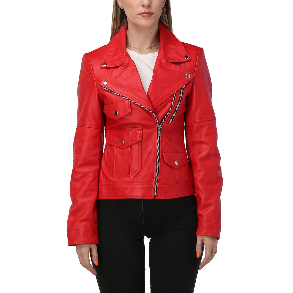 Home / Products / Red Leather Jacket with Classic Collar