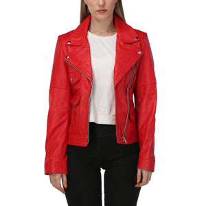 Red Leather Jacket with Classic Collar