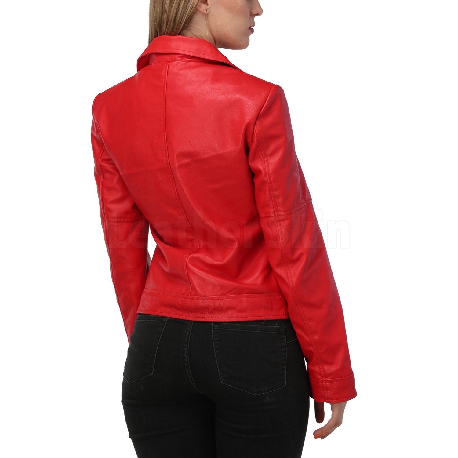 Red Leather Jacket with Classic Collar