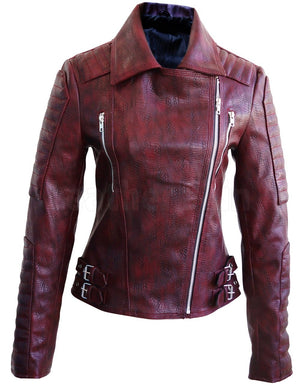 Snake Leather Distressed Pattern Women Dark Maroon Red Leather Jacket by Leather Skin