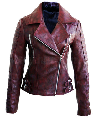 Snake Leather Distressed Pattern Women Dark Maroon Red Leather Jacket by Leather Skin