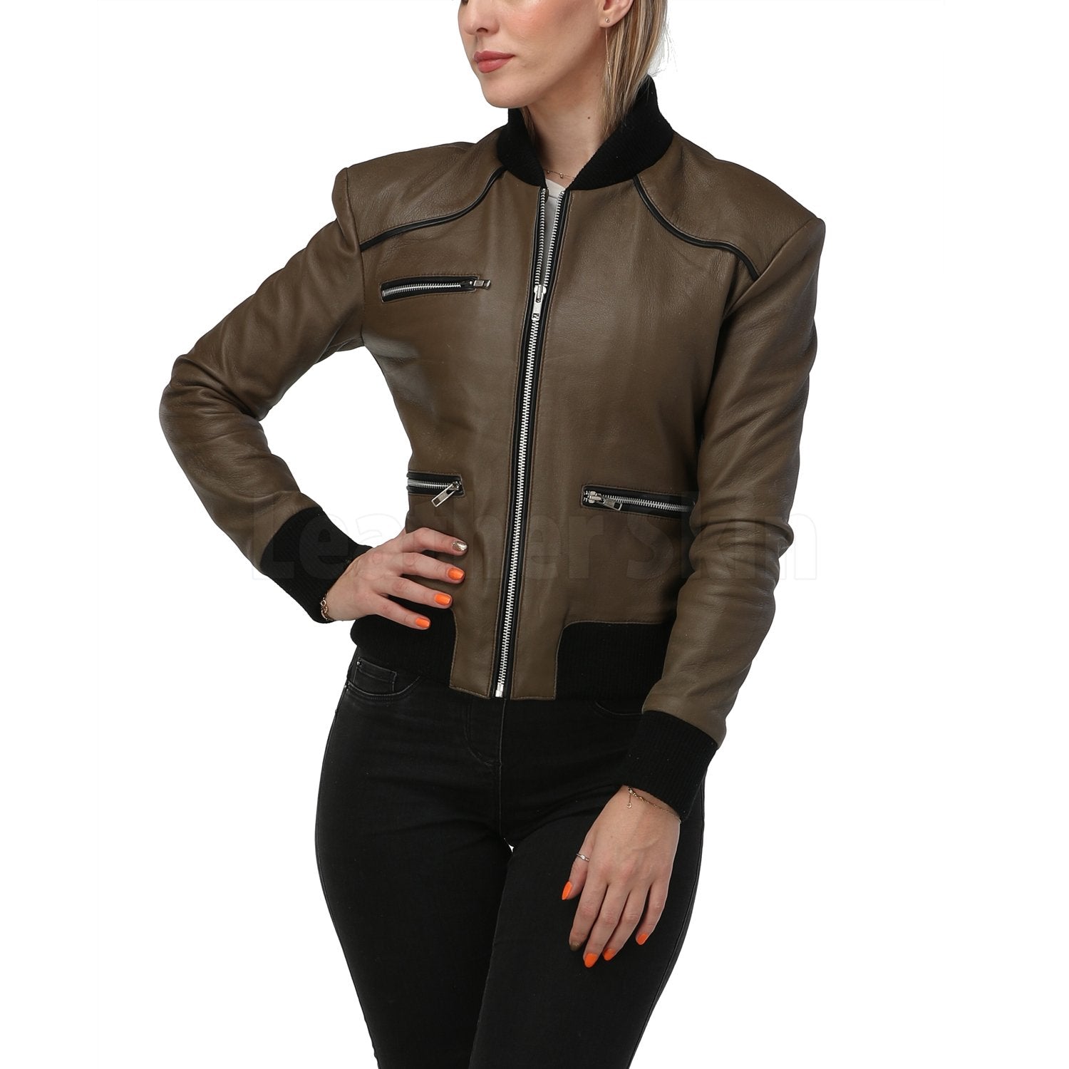 Women Army Green Leather Jacket