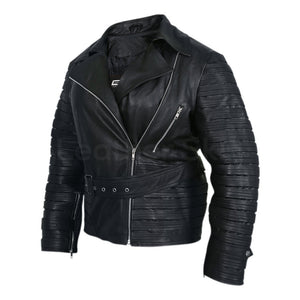women belted genuine leather jacket in black color