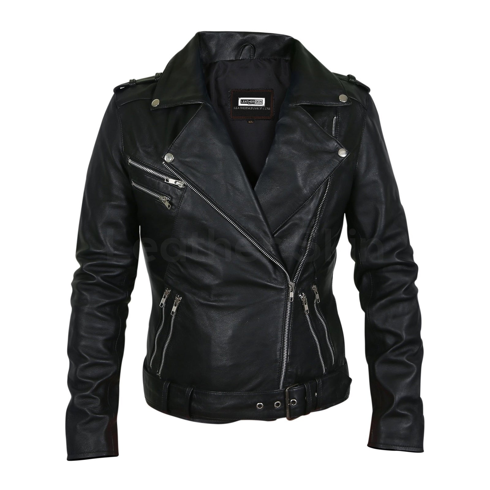 women black leather jacket silver zipper
