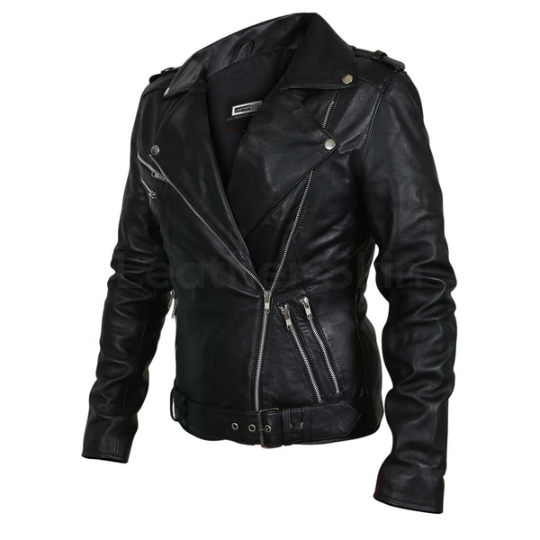Home / Products / Women Black Belted Motorcycle Leather Jacket with ...