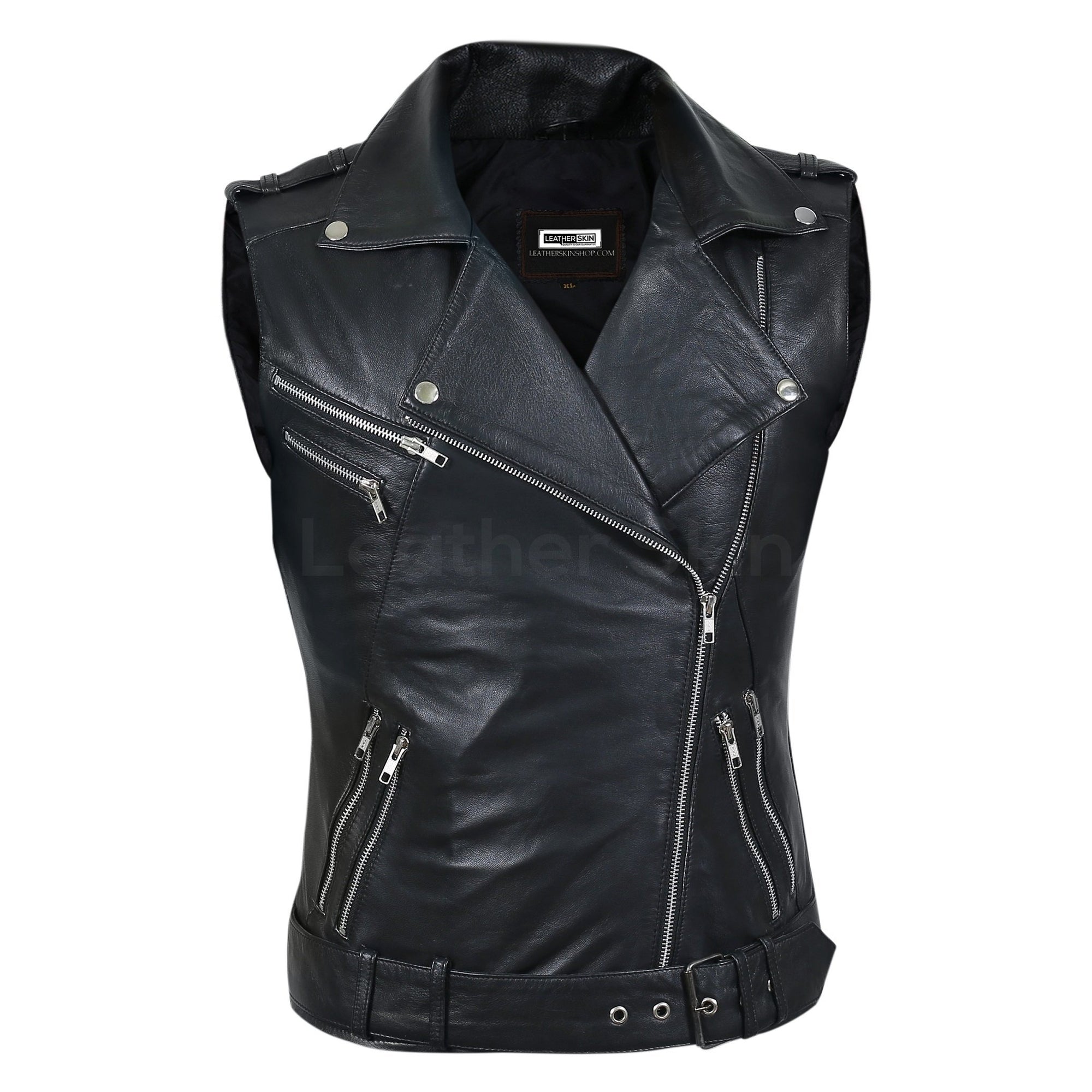 women biker leather vest in black