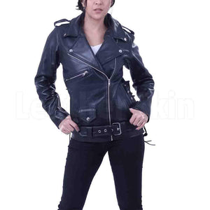 Women Black Brando Belted Biker Motorcycle Leather Jacket
