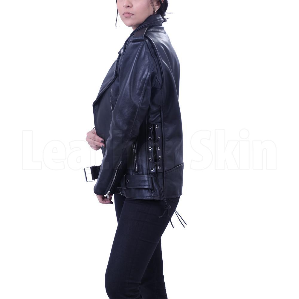 Women Black Brando Belted Biker Motorcycle Leather Jacket
