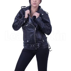 Women Black Brando Belted Biker Motorcycle Leather Jacket