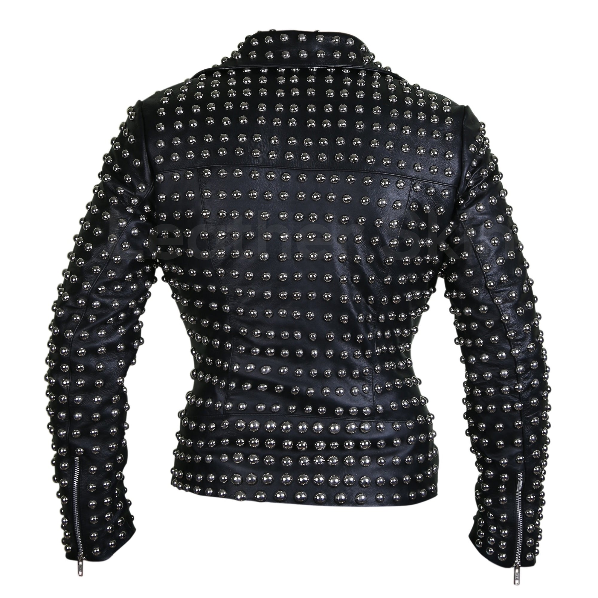 Women Black Brando Belted Round Cap Studded Leather Jacket