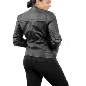 Women Black Handmade Padded Real Leather Jacket with Gold Zippers