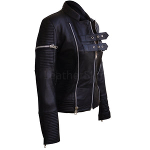 Women Black Sheep Skin Rib Quilted Genuine Leather Jacket