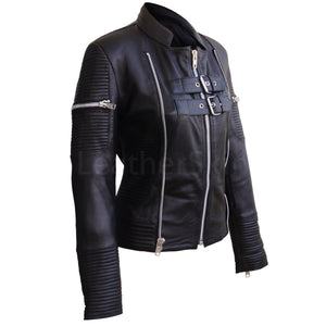 Women Black Sheep Skin Rib Quilted Genuine Leather Jacket
