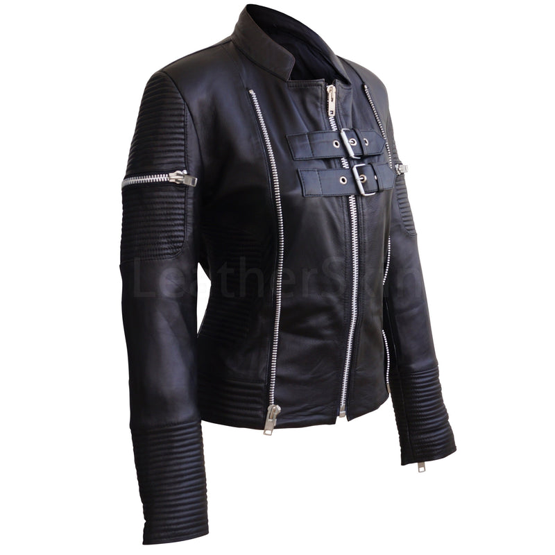 Home Products Women Black Sheep Skin Rib Quilted Genuine Leather Jacket