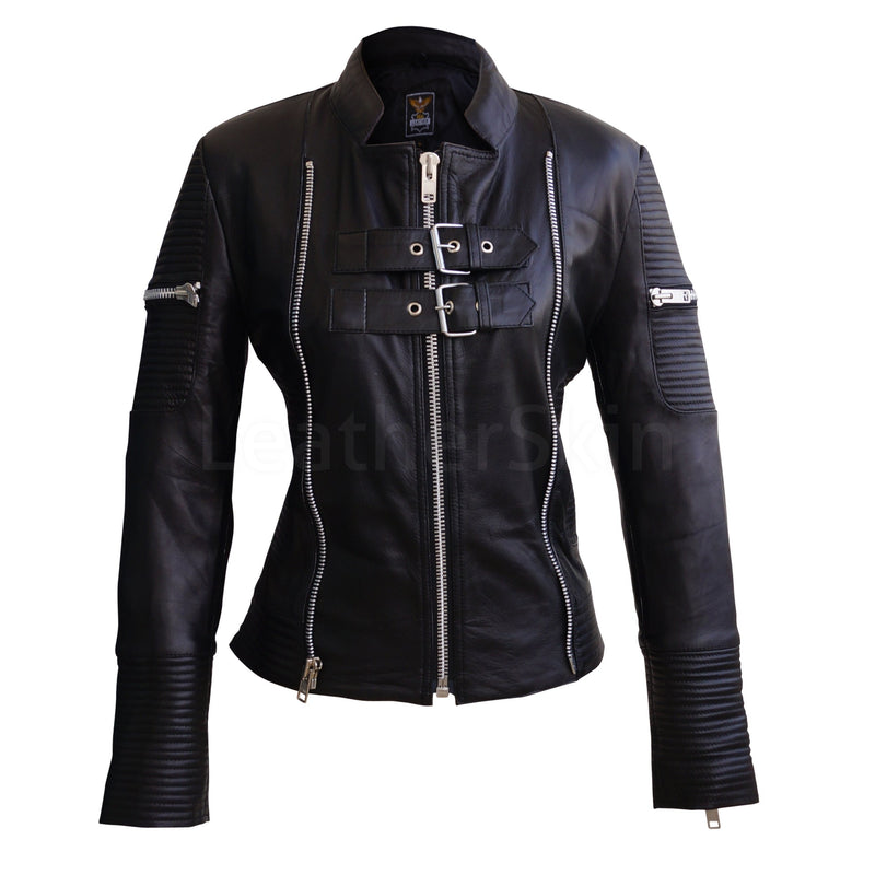 Home / Products / Women Black Sheep Skin Rib Quilted Genuine Leather Jacket
