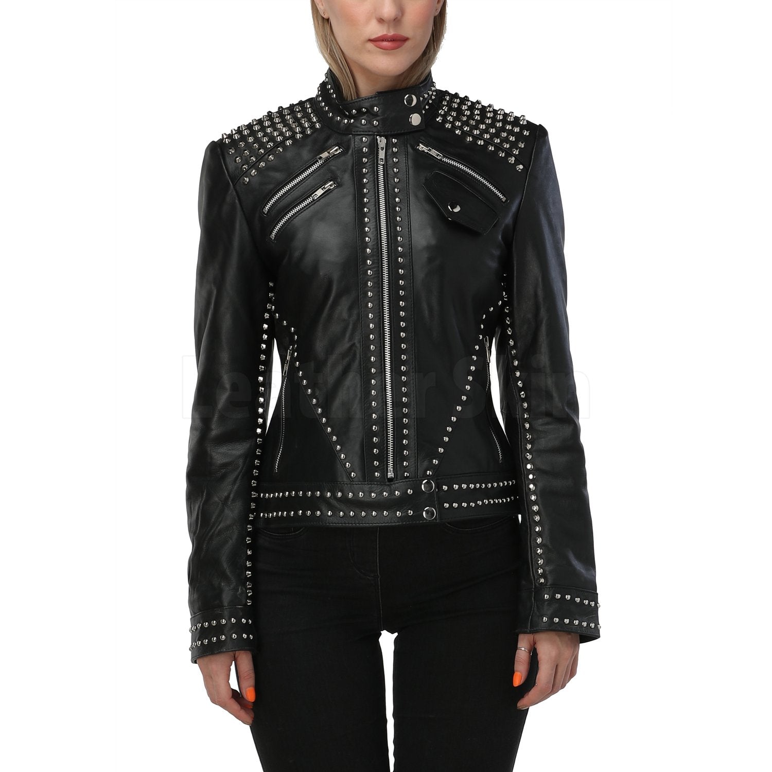Studded Women's Leather Bomber Jacket