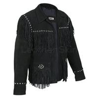 Women Black Western Fringes Cone Spike Studs Suede Leather Jacket