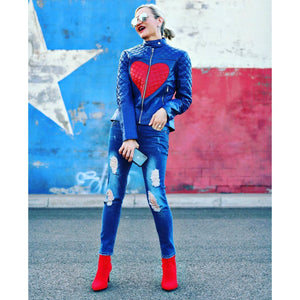 Women Love Blue with Red Heart Shoulder Quilted Genuine Leather Jacket