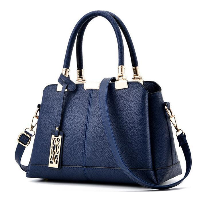 Women Blue Tote Messenger Cross-body Faux-Leather Handbag