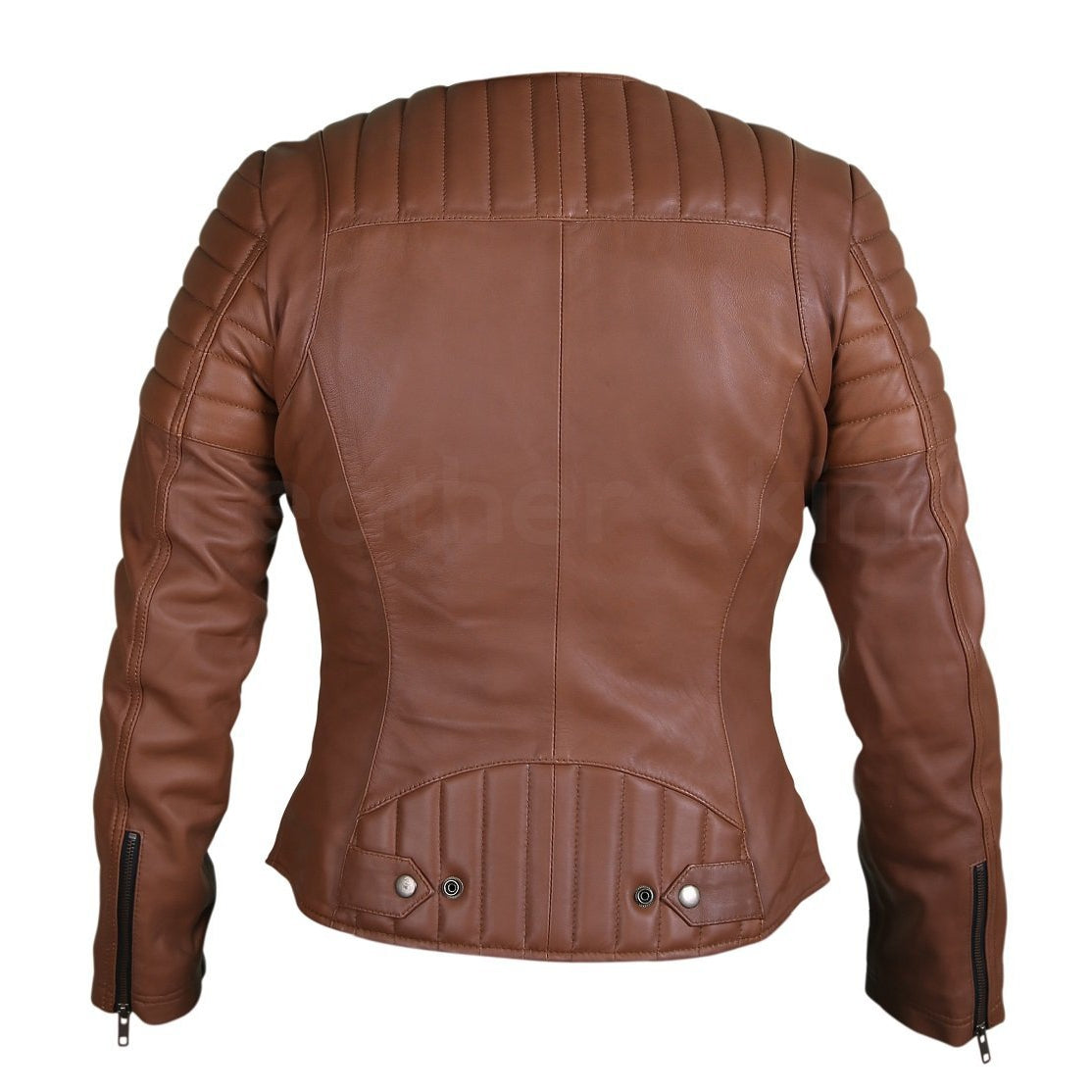 Ladies collarless leather clearance jacket