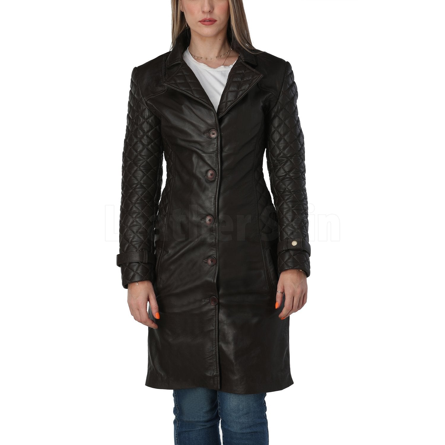 Women Dark Brown Quilted Leather Coat