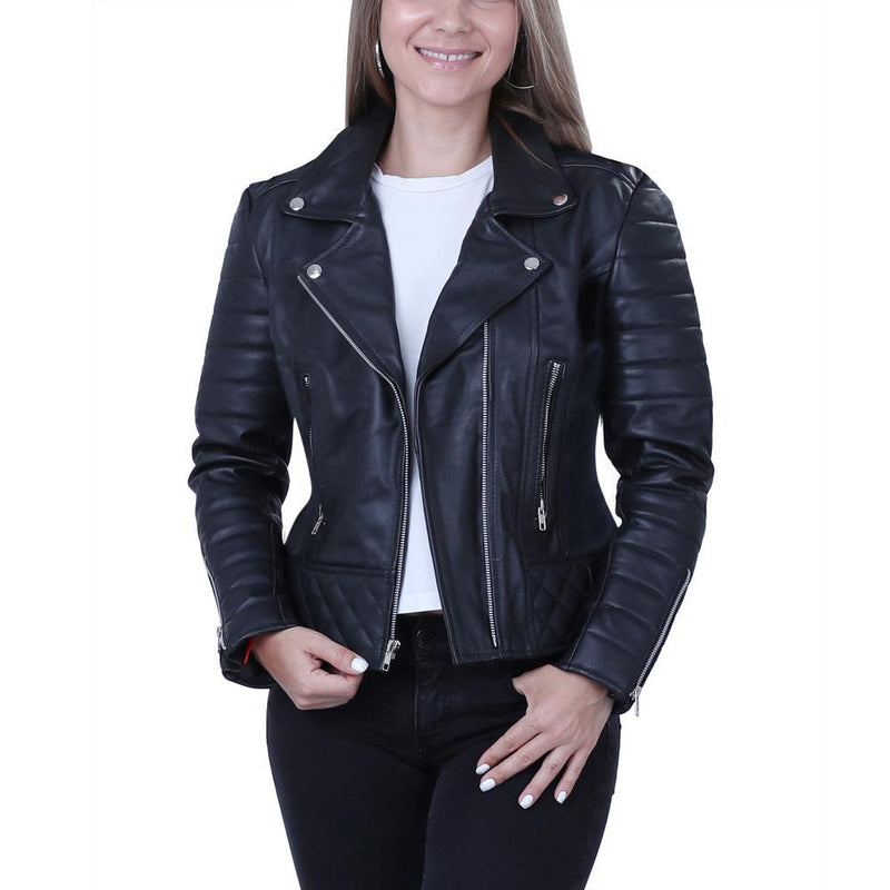 Home / Products / Women Ebony Quilted Black Biker Leather Jacket
