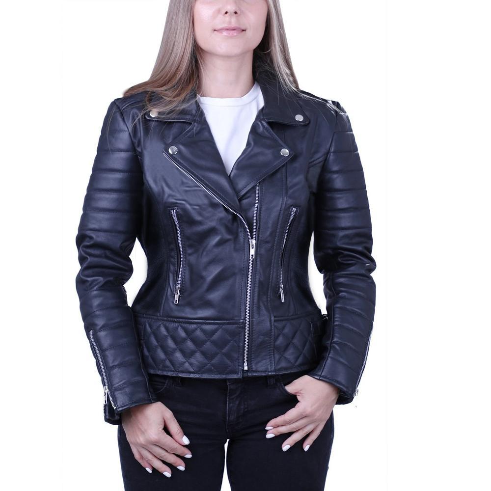 Women's Black Quilted Leather Biker Jacket, Black Fluffy Crew-neck Sweater,  Black Leather Leggings, Blue Suede Ankle Boots